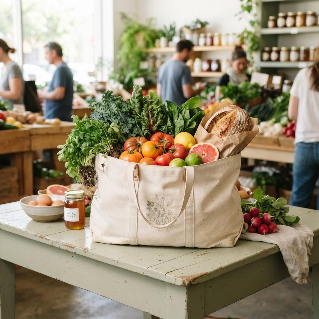 Fresh groceries in a canvas market bag